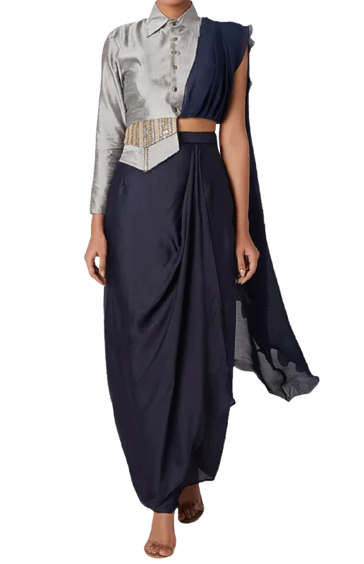 Midnight Blue Drape Skirt with Silver Military Blouse ribbed skirt waist