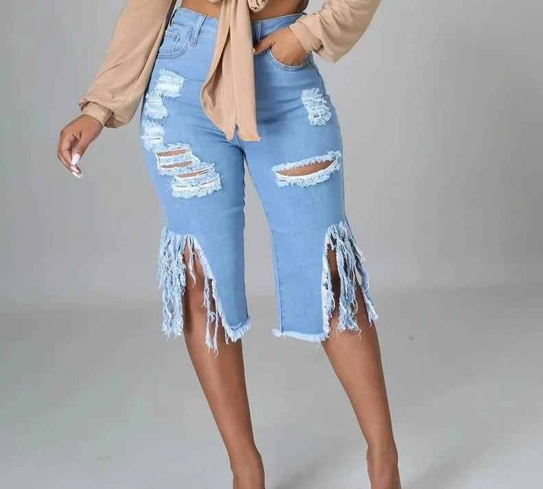 Jeans Shorts with Holes Ripped Tassle Low Waist Elastic Flare Knee Length Comfortable Distressed Straight-Leg Jeans Jeans Shorts with Holes Ripped Tassle Low Waist Elastic Flare Knee Length Comfortable Distressed Straight-Leg Jeans