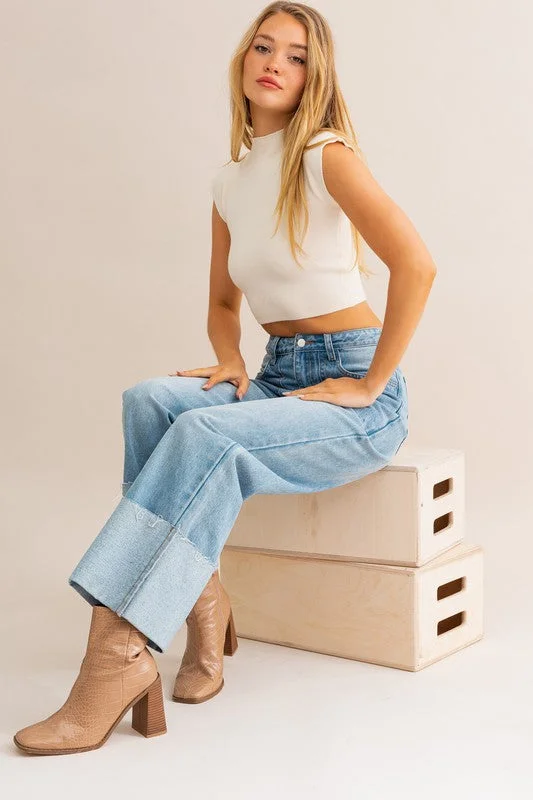 High-Waisted Wide Leg Cuffed Jeans Stylish Plus Size Denim Jeans