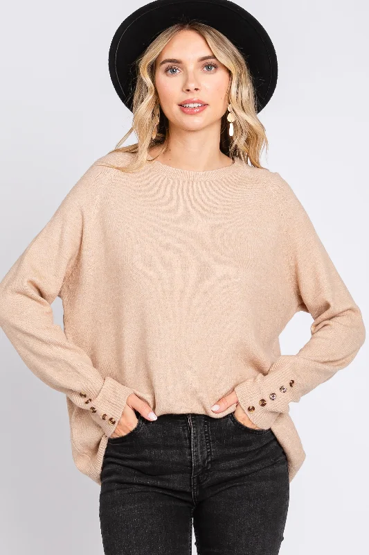 Beige Button Accent Solid Sweater