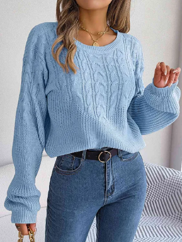 Hazel Blues® |  Cable-Knit Round Neck Drop Shoulder Sweater