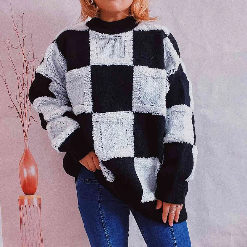 Hazel Blues® |  Checkered Round Neck Long Sleeve Sweater