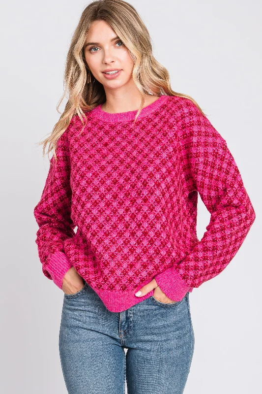 Fuchsia Diagonal Houndstooth Sweater Dress