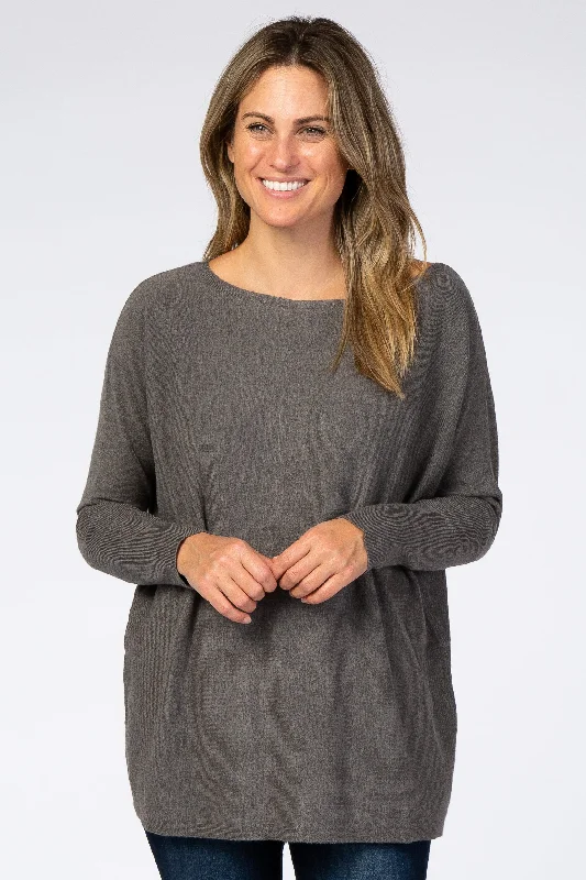 Grey Soft Knit Boatneck Dolman Sleeve Sweater Embroidered Appliqued Beaded
