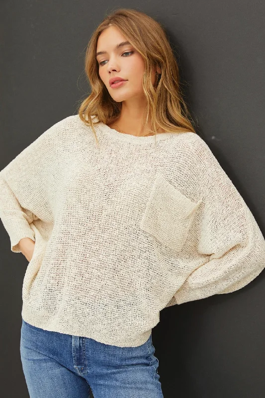 Ivory Front Pocket Dolman Long Sleeve Knit Sweater