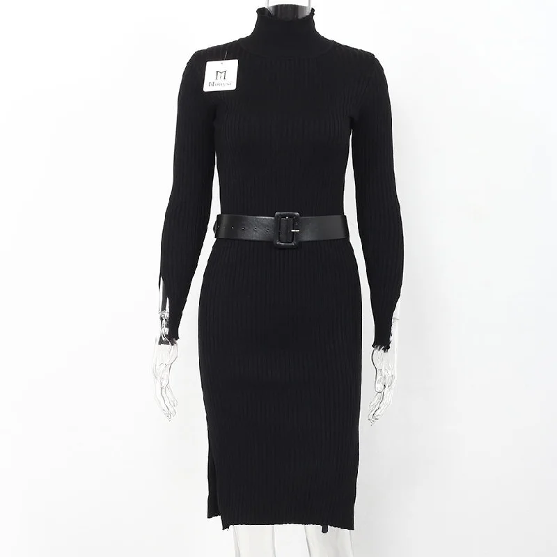 Knitted Dress Women 2022 Winter New Arrivals Fashion Long Sleeve Sweater Dresses Ladies Bodycon Knee Length Dress With Belt