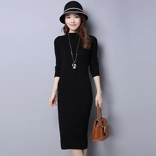 Knitted Winter Dress Women Office Sexy Slim Bodycon Dresses Elastic Skinny Long Sweater Dress Winter Warm Vestidos Femme A102