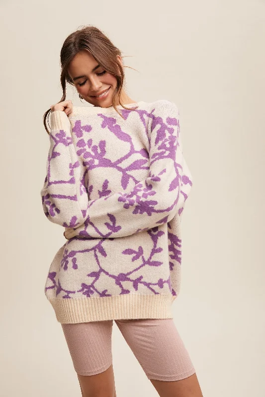 Lavender Floral Drop Shoulder Sweater