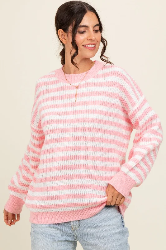 Light Pink Striped Crew Neck Sweater