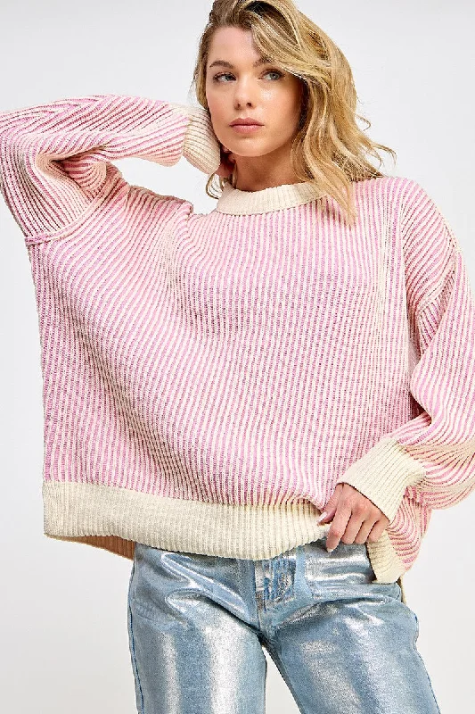 Pink Ribbed Balloon Sleeve Sweater