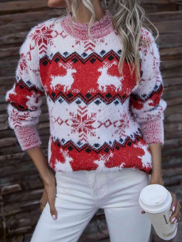 Hazel Blues® |  Reindeer & Snowflake Round Neck Sweater