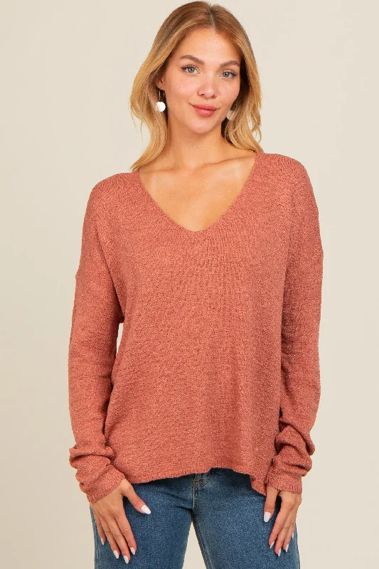 Rust V-Neck Basic Sweater