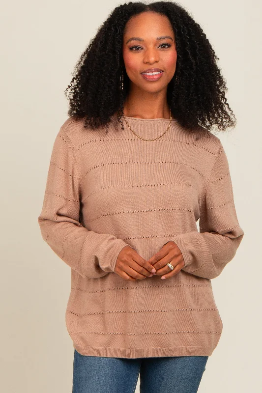 Taupe Knit Stitch Detail Long Sleeve Sweater Top