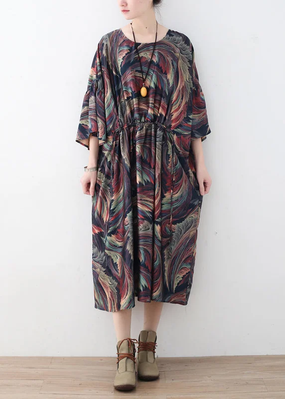 Vintage o neck Batwing Sleeve Sweater outfits Street Style floral Hipster chiffon dress