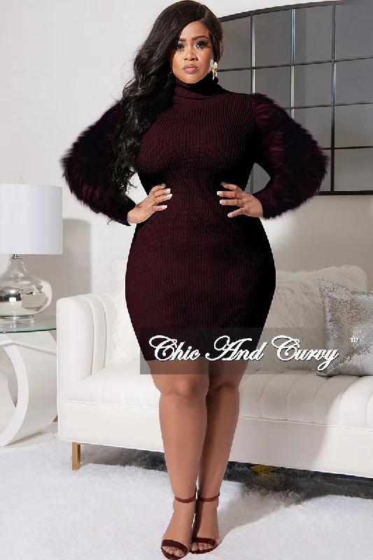 Final Sale Plus Size Turtle Neck Sweater Dress with Faux Fur Sleeves in Brown Stylish Fashionable Trendy Final Sale Plus Size Turtle Neck Sweater Dress with Faux Fur Sleeves in Brown Stylish Fashionable Trendy