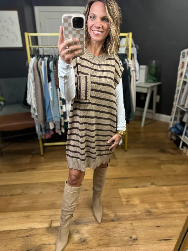 All Possibilities Striped Short Sleeve Sweater Dress - Taupe Slim Fit Regular Fit Oversized All Possibilities Striped Short Sleeve Sweater Dress - Taupe Slim Fit Regular Fit Oversized