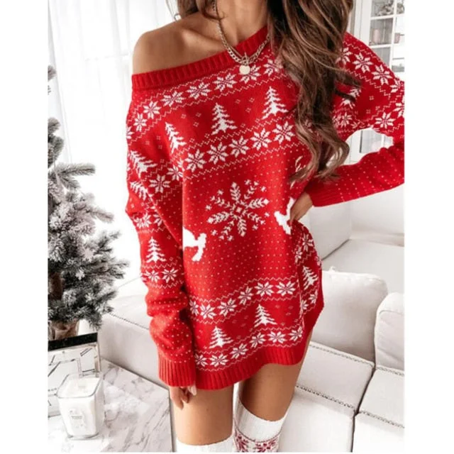 Christmas Snowflake Fawn Print Sweater Dress Real Fur Shearling Chenille