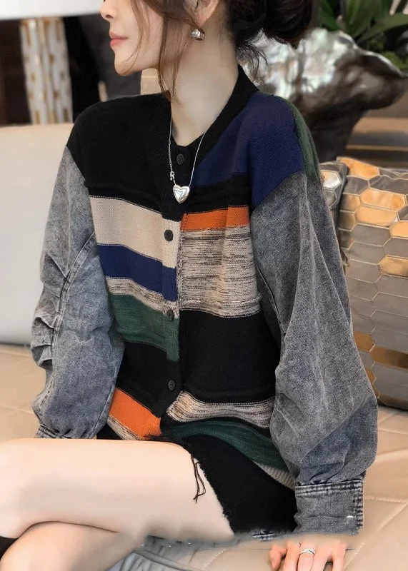 Colorblock Denim Patchwork Knitted Sweater Coat Women Autumn And Winter 2023 Houndstooth Herringbone Solid Colorblock Denim Patchwork Knitted Sweater Coat Women Autumn And Winter 2023 Houndstooth Herringbone Solid