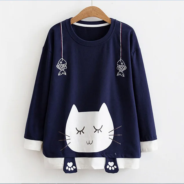 Cute cat is fishing print long sleeve hoodie sweater YV5064 Hooded Caped Shawl Collar Cute cat is fishing print long sleeve hoodie sweater YV5064 Hooded Caped Shawl Collar