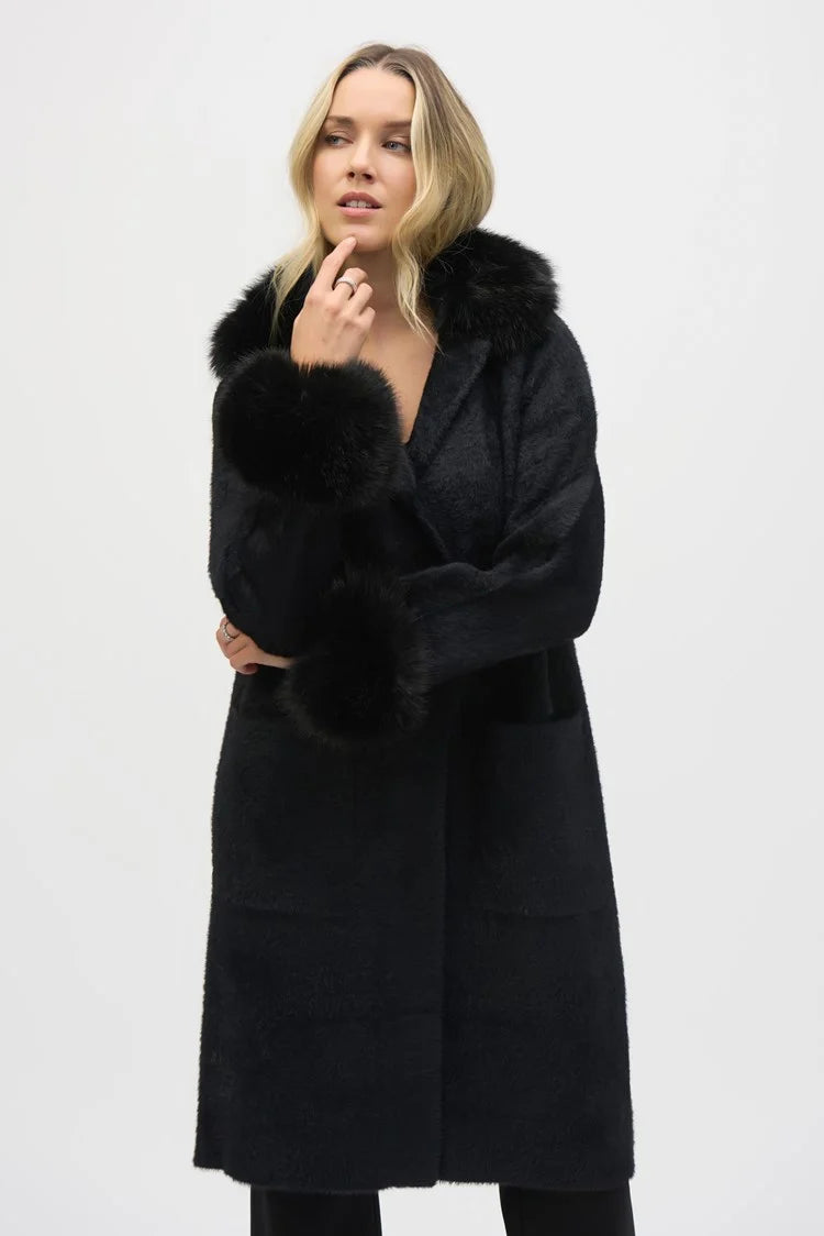Joseph Ribkoff Black Feather Yarn And Faux Fur Sweater Coat Terry Terry Cloth Terry Knit Joseph Ribkoff Black Feather Yarn And Faux Fur Sweater Coat Terry Terry Cloth Terry Knit