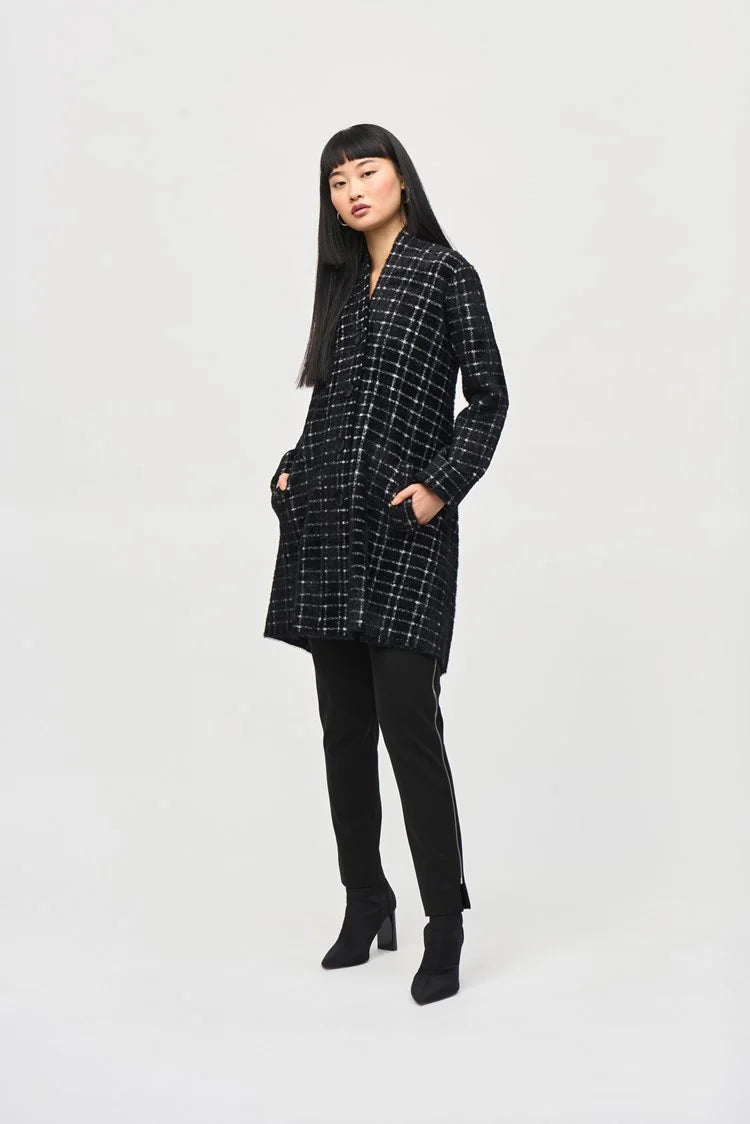 Joseph Ribkoff Black/White Plaid Feather Yarn Sweater Coat Machine Wash Dry Clean Hand Wash Joseph Ribkoff Black/White Plaid Feather Yarn Sweater Coat Machine Wash Dry Clean Hand Wash