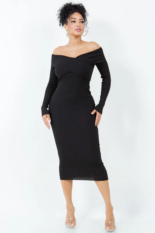 Off Shoulder Cross Bust Sweater Dress Mesh Sweater Canvas Denim