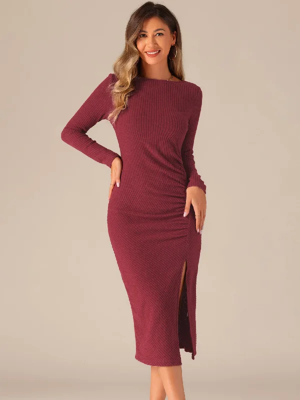 Casual Long Sleeve Crew Neck Ruched Slit Knitted Midi Sweater Dress Nylon Fabric Polyester Fabric Spandex Fabric Casual Long Sleeve Crew Neck Ruched Slit Knitted Midi Sweater Dress Nylon Fabric Polyester Fabric Spandex Fabric