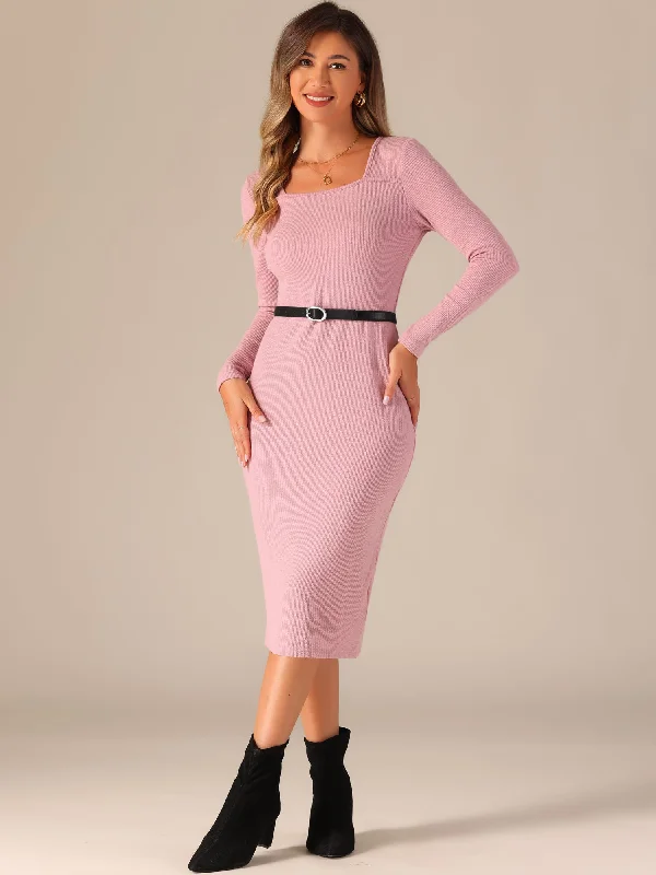 Square Neck Belted Bodycon Stretch Ribbed Long Sleeve Midi Sweater Dress Fleece Fabric Down Fabric Feather Fabric