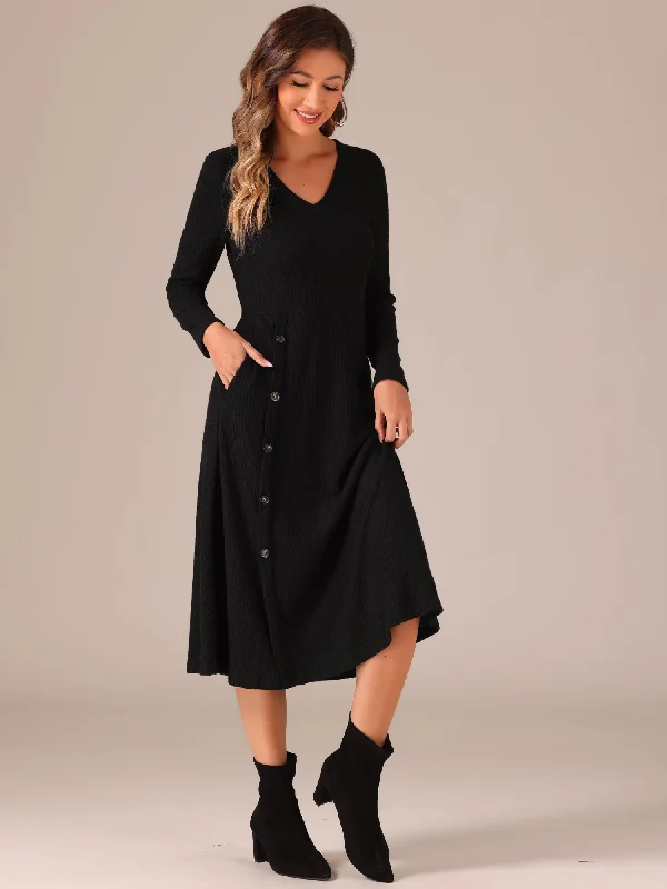 Long Sleeve Button Decor Pockets A-Line Midi Knit Sweater Dress Nylon Fabric Polyester Fabric Spandex Fabric Long Sleeve Button Decor Pockets A-Line Midi Knit Sweater Dress Nylon Fabric Polyester Fabric Spandex Fabric