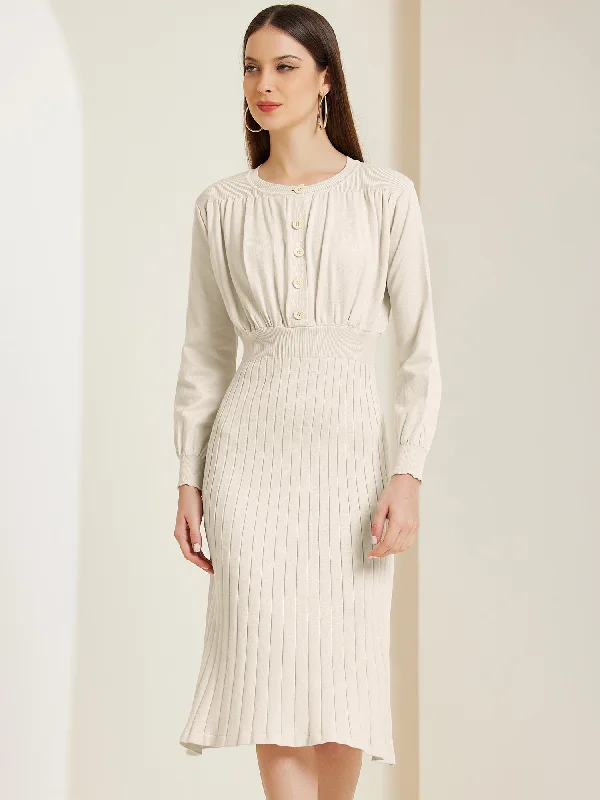 Crew Neck Pleated Lantern Sleeve Midi Ribbed Knit Sweater Dress Knit Fabric Woven Fabric Fleece Fabric Crew Neck Pleated Lantern Sleeve Midi Ribbed Knit Sweater Dress Knit Fabric Woven Fabric Fleece Fabric