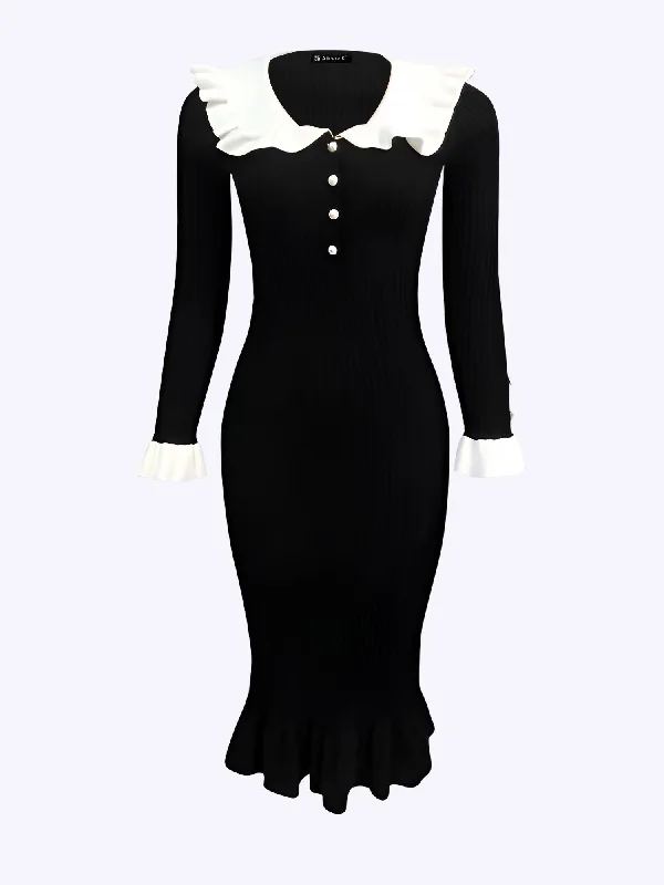 Long sleeve Ruffle Doll Collar Knitted Midi Bodycon Sweater Dress Iron Safe Non-Iron Wrinkle Free Long sleeve Ruffle Doll Collar Knitted Midi Bodycon Sweater Dress Iron Safe Non-Iron Wrinkle Free