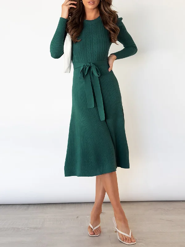 Puff Long Sleeves Knitted Lace-Up Midi Sweater Dress Graphic Sweater Embroidered Appliqued Puff Long Sleeves Knitted Lace-Up Midi Sweater Dress Graphic Sweater Embroidered Appliqued