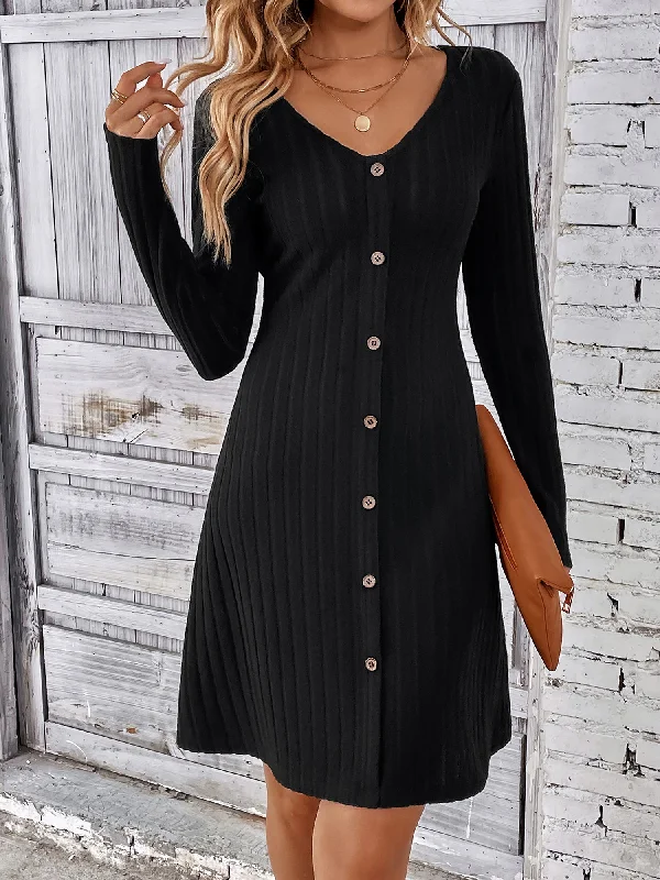 V Neck Solid Color Button Long Sleeves A-Line Mini Sweater Dress Fleece Sweater Nylon Polyester V Neck Solid Color Button Long Sleeves A-Line Mini Sweater Dress Fleece Sweater Nylon Polyester