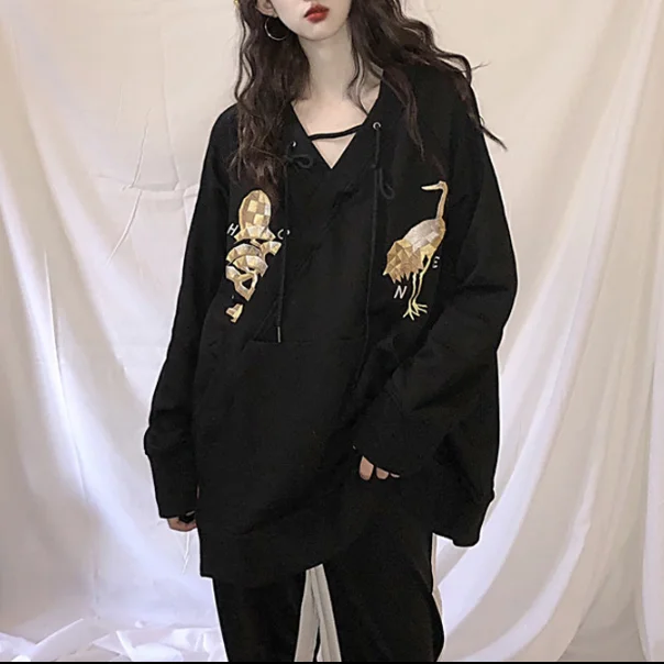 Punk hip hop black V-neck sweater YV40835 Glossy Satin Silk