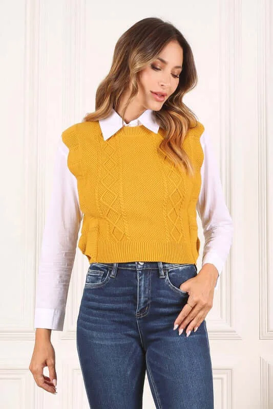 Mustard Yellow Ruffle Sweater Vest Layered Multi-layer Single Layer